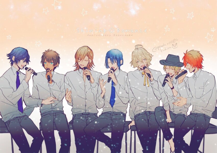 6+boys :d ahoge aijima_cecil aqua_eyes arm_support black_headwear black_nails black_pants blonde_hair blue_hair blue_necktie brown_hair closed_eyes collared_shirt fedora feet_out_of_frame glasses gradient_background green_eyes hair_between_eyes hat hijirikawa_masato holding holding_microphone ichinose_tokiya ittoki_otoya jinguuji_ren kadita kurusu_shou light_particles looking_at_another male_focus medium_hair microphone multiple_boys music neck_ribbon necktie open_collar open_mouth orange_background orange_hair pants profile purple_necktie ribbon shinomiya_natsuki_(uta_no_prince-sama) shirt short_hair singing sitting smile song_name star_(symbol) starish stool straight_hair uta_no_prince-sama white_shirt yellow_ribbon