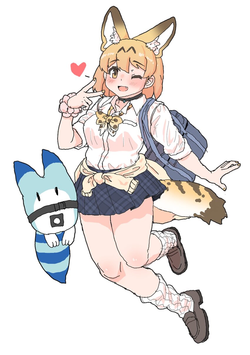 1girl absurdres alternate_costume animal_ears animal_print bag black_choker blonde_hair blue_skirt blush bow bowtie brown_shoes cat_ears cat_girl cat_print cat_tail choker clothes_around_waist collared_shirt extra_ears fang full_body gyaru highres kemono_friends kumasyan1998 loafers loose_bowtie loose_socks lucky_beast_(kemono_friends) multicolored_hair one_eye_closed open_mouth plaid_clothes plaid_skirt pleated_skirt print_bow print_bowtie school_bag school_uniform scrunchie serval_(kemono_friends) shirt shoes short_hair skirt sleeves_rolled_up smile socks solo sweater sweater_around_waist tail v white_shirt white_socks wrist_scrunchie