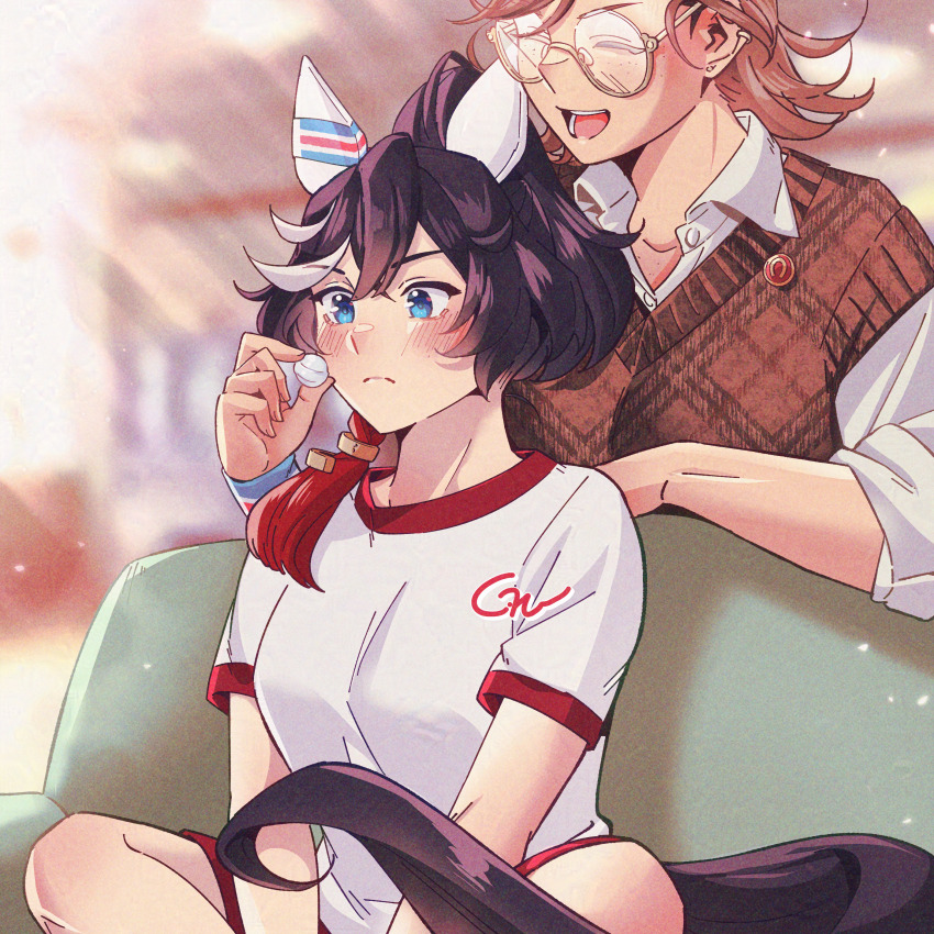 2girls :d ^_^ absurdres animal_ears arm_rest black_hair black_tail blue_eyes blurry blurry_background blush breasts brown_hair brown_sweater_vest candy closed_eyes collared_shirt commentary couch cropped_head depth_of_field ear_covers feeding female_trainer_(umamusume) food gaman glasses gym_shirt highres holding holding_candy holding_food horse_ears horse_girl horse_tail indian_style indoors katsuragi_ace_(umamusume) kotabi_kiku_(gaman) multicolored_hair multiple_girls open_mouth original plaid_clothes plaid_sweater_vest ponytail round_eyewear shirt short_sleeves sitting smile streaked_hair sweater_vest t-shirt tail tracen_training_uniform trainer_(umamusume) umamusume v-shaped_eyebrows white_day white_hair white_shirt
