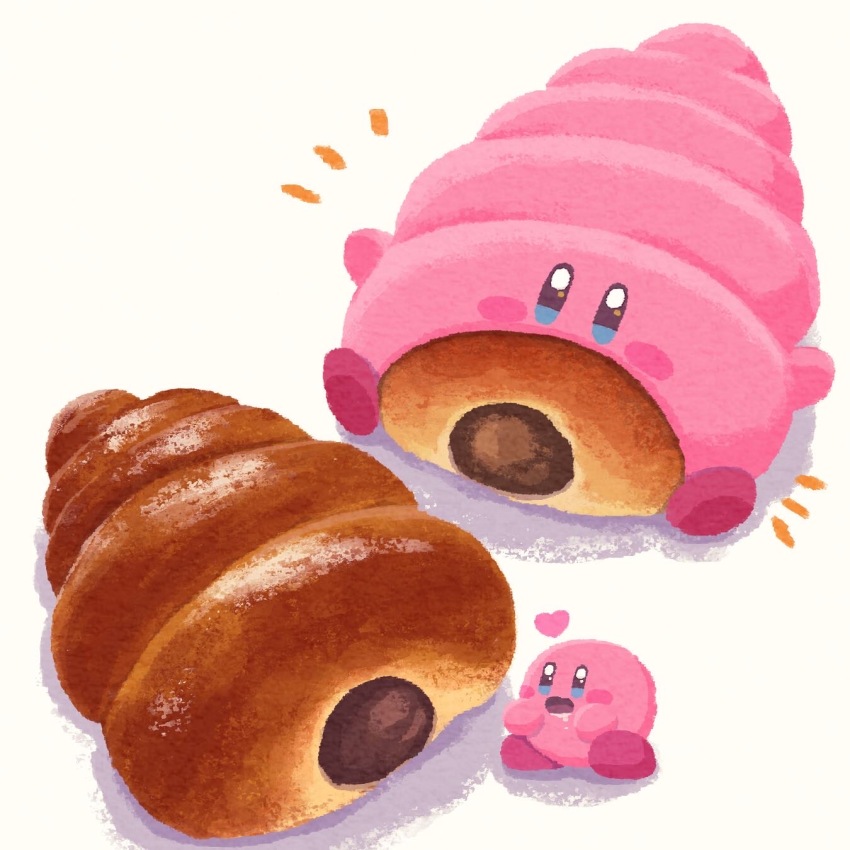 blue_eyes blush_stickers chocolate chocolate_cornet commentary_request food food_focus heart highres kirby kirby_(series) kirby_and_the_forgotten_land miclot mouthful_mode nintendo no_humans notice_lines open_mouth pink_shoes saliva shoes simple_background white_background