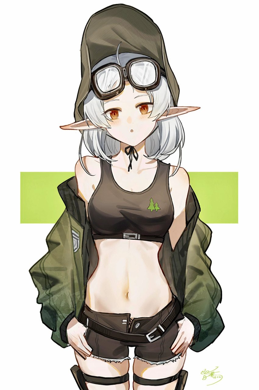 1girl :o bare_shoulders black_shorts black_tank_top blush breasts brown_hat commentary cowboy_shot crop_top dated forehead goggles goggles_on_head green_background green_jacket hat head_tilt highres jacket large_hat lineart medium_breasts medium_hair mushoku_tensei navel off_shoulder open_clothes open_jacket open_mouth parted_bangs pointy_ears pouch red_eyes short_shorts shorts shoulder_blush signature simple_background skindentation solo stomach straight-on sylphiette_(mushoku_tensei) tank_top thigh_pouch thigh_strap thumb_in_pocket two-tone_background underbust white_background white_hair yisjhui