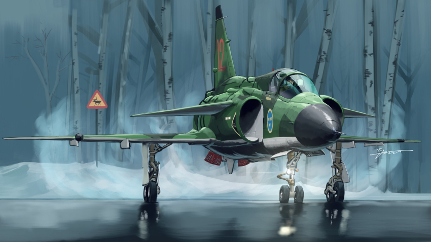 1other absurdres aircraft airplane canards canopy_(aircraft) coat_of_arms cockpit commentary_request fighter_jet flight_suit forest helmet highres ice kudryavka_trop landing_gear military military_vehicle nature original outdoors oxygen_mask pilot pilot_helmet reflection road_sign roundel saab_viggen sign signature snow solo sweden swedish_air_force tree vehicle_focus winter