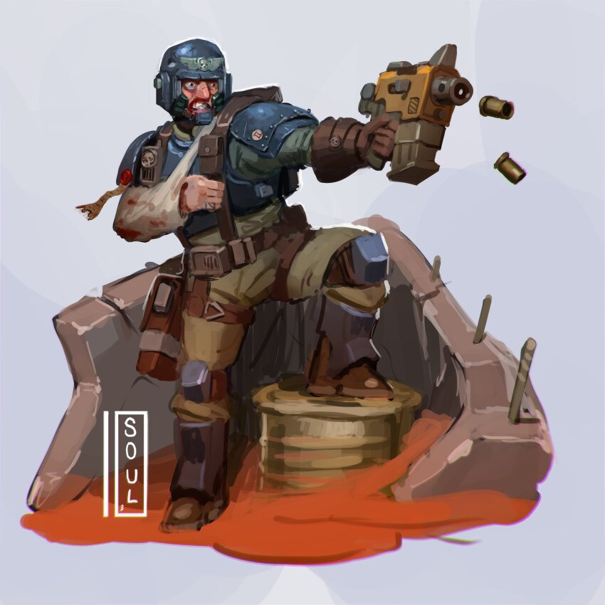 .75_calibre_bolt absurdres anti-materiel_cartridge arm_sling armor astra_militarum barrel belt bolt_(warhammer_40k) bolt_pistol bolter bolter_pistol boots broken_arm gloves gun handgun helmet high-explosive_cartridge highres holster military_uniform pauldrons purity_seal rocket-assisted_projectile shell_casing shoulder_armor signature soldier soul_ant19 teeth thigh_holster warhammer_40k weapon