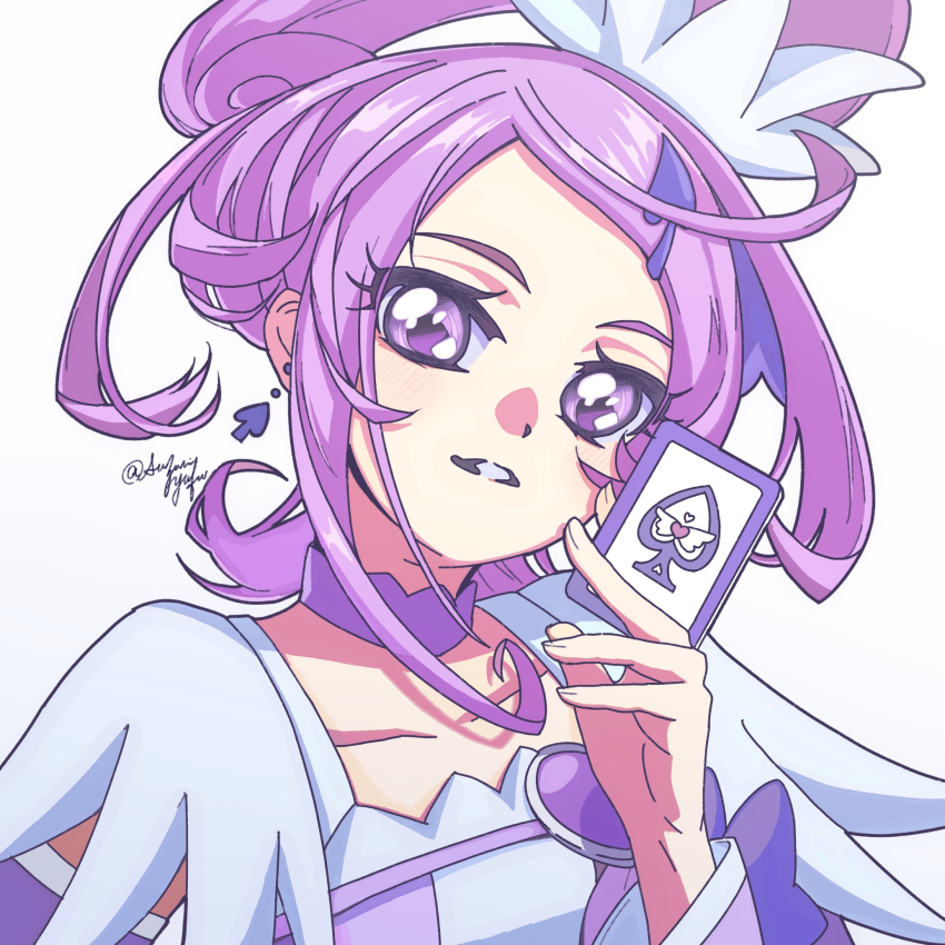 1girl brooch card choker cure_sword dokidoki!_precure earrings hair_ornament heart heart_brooch high_ponytail highres holding holding_card jewelry kenzaki_makoto magical_girl poker ponytail precure purple_arm_warmers purple_eyes purple_hair short_hair smile solo spade_(shape) spade_earrings spade_hair_ornament suzumi_yufu