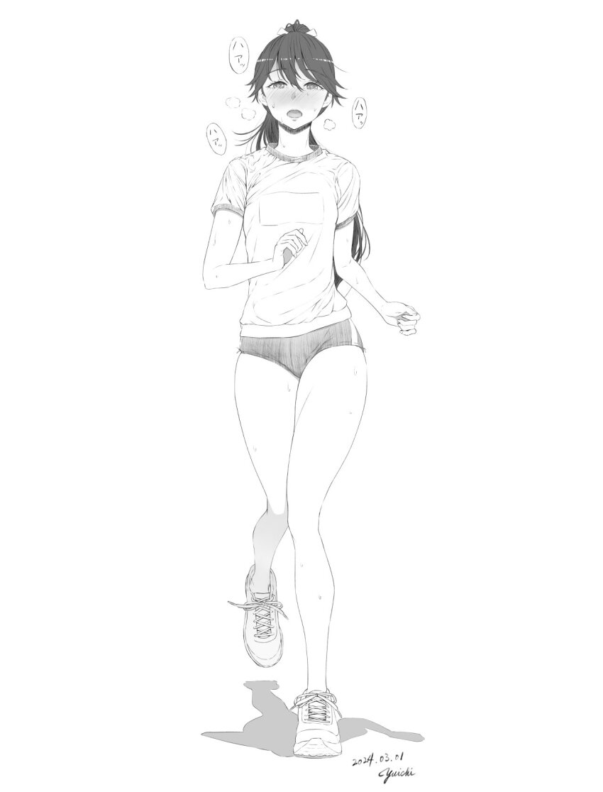 1girl alternate_costume blush buruma full_body greyscale gym_shirt gym_uniform highres houshou_(kancolle) kantai_collection long_hair looking_at_viewer monochrome nose_blush ponytail running shirt shoes sneakers solo t-shirt white_shirt yuichi_(sp_sakura_yoshi)