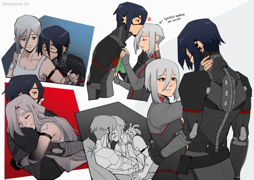 2girls android ariane_yeong blush camisole cyberpunk elster_(signalis) hug joints kiss mechabare metal_skin multiple_girls omnlet red_eyes robot_girl robot_joints science_fiction short_hair signalis smile yuri