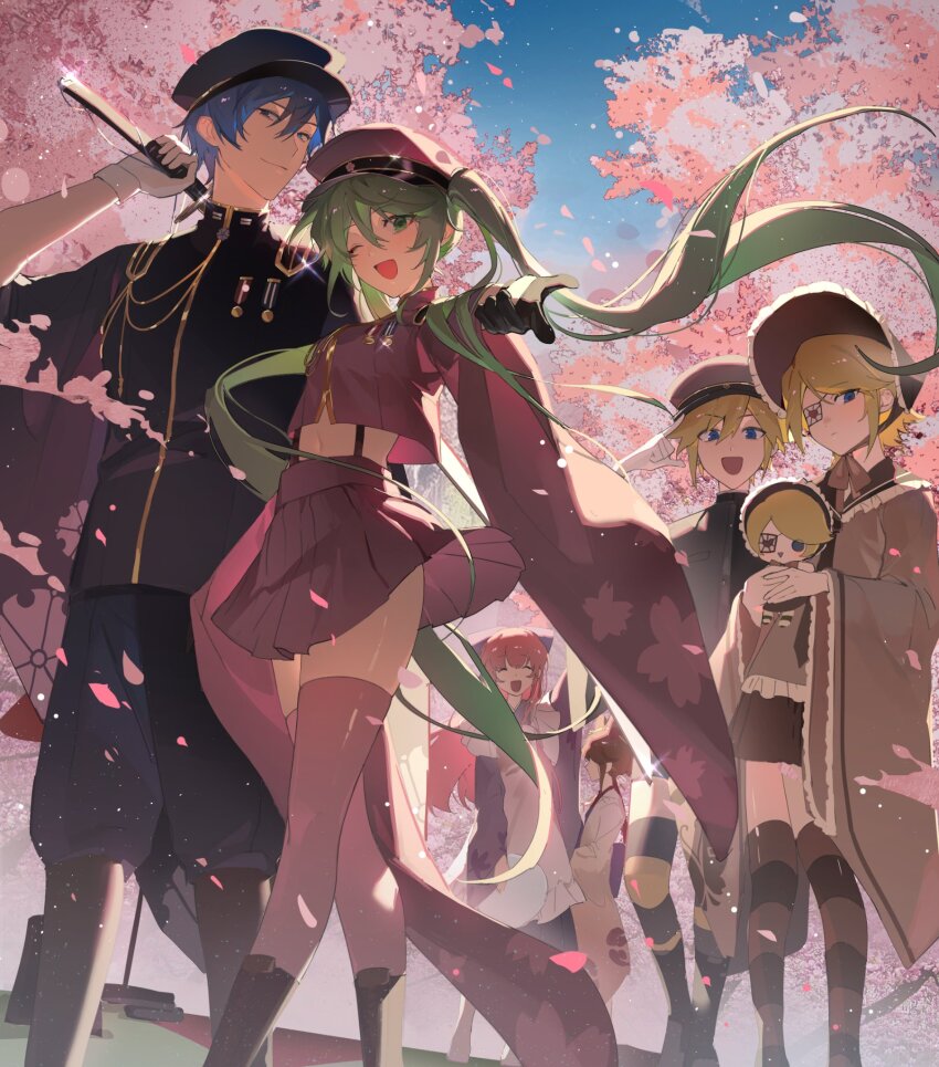 2boys 3girls ^_^ apron aqua_eyes aqua_hair badge black_footwear black_gloves black_headwear black_shirt black_skirt blonde_hair blue_eyes blue_hair blue_pants blue_sky blunt_bangs bonnet boots brother_and_sister brown_headwear brown_ribbon brown_sailor_collar brown_shirt brown_skirt brown_thighhighs character_doll cherry_blossom_print cherry_blossoms clenched_hand closed_eyes closed_mouth clothes_lift collared_shirt day doll eyelashes eyepatch falling_petals floral_print frilled_apron frilled_headwear frilled_shirt_collar frilled_sleeves frills gloves hair_lift hair_ornament hakama hakama_short_skirt hakama_skirt hand_on_hilt hat hatsune_miku hatsune_miku_(ichi_no_sakura_oka) high_collar highres holding holding_doll holding_plate huz_(a1438758295) japanese_clothes kagamine_len kagamine_len_(ni_no_sakura_senbu) kagamine_rin kagamine_rin_(ni_no_sakura_kouchou) kaito_(rei_no_sakura_sousetsu)_(vocaloid) kaito_(vocaloid) katana knee_boots lapels light_frown long_hair long_skirt long_sleeves looking_at_viewer medical_eyepatch megurine_luka megurine_luka_(san_no_sakura_fuuka) meiko_(rei_no_sakura_benitsubaki)_(vocaloid) meiko_(vocaloid) midriff military_hat military_uniform miniskirt multiple_boys multiple_girls navel neck_ribbon one-eyed one_eye_closed open_mouth outdoors outstretched_arm pants petals pink_apron plate puffy_pants purple_hakama purple_headwear purple_shirt purple_skirt purple_thighhighs red_hair ribbon sailor_collar senbonzakura_(vocaloid) shirt short_hair siblings skirt skirt_lift sky smile striped_clothes striped_thighhighs sun_print suspenders sword thighhighs tree twins twintails vocaloid weapon weapon_on_back white_gloves wide_sleeves wind wind_lift