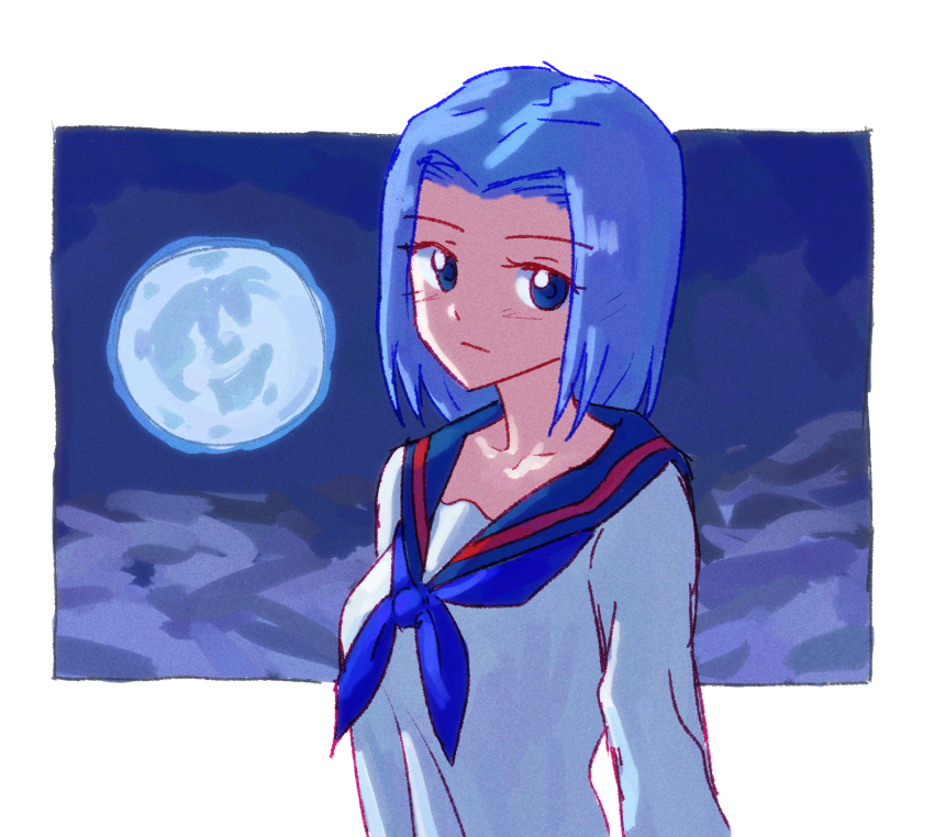 1girl blue_eyes blue_hair blue_neckerchief blue_sailor_collar closed_mouth full_moon hair_intakes highres light_blue_hair moon neckerchief sailor_collar shirt short_hair solo tsukihime tsukihime_souka white_shirt zawabug