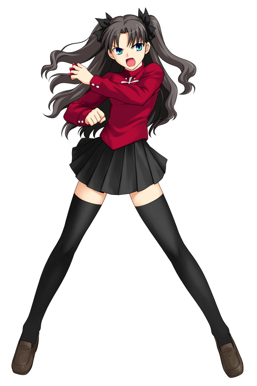 1girl absurdres black_ribbon black_skirt black_thighhighs blue_eyes brown_hair brown_shoes clenched_hand cross cross_print fate/stay_night fate/unlimited_codes fate_(series) floating_hair full_body gem hair_ribbon highres higurashi_ryuuji holding holding_gem legs_apart loafers long_hair long_sleeves official_art open_mouth parody parted_bangs pleated_skirt protected_link psd_available red_gemstone red_sweater ribbon second-party_source shoes simple_background skirt solo style_parody sweater takeuchi_takashi_(style) thighhighs tohsaka_rin transparent_background turtleneck turtleneck_sweater two_side_up v-shaped_eyebrows wavy_hair zettai_ryouiki