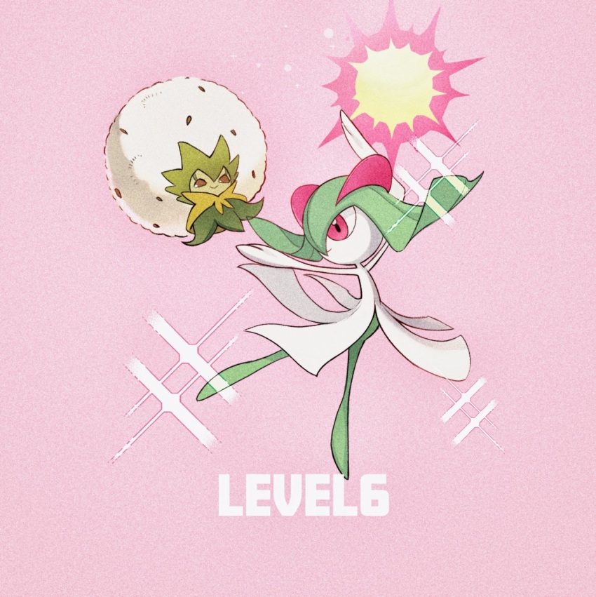bad_id bad_twitter_id colored_skin eldegoss gen_3_pokemon gen_8_pokemon green_hair green_skin hair_over_one_eye highres horns kirlia multicolored_skin naitou86056360 nintendo pink_background pink_eyes pokemon pokemon_(creature) pokemon_unite sidelocks simple_background smile two-tone_skin white_skin