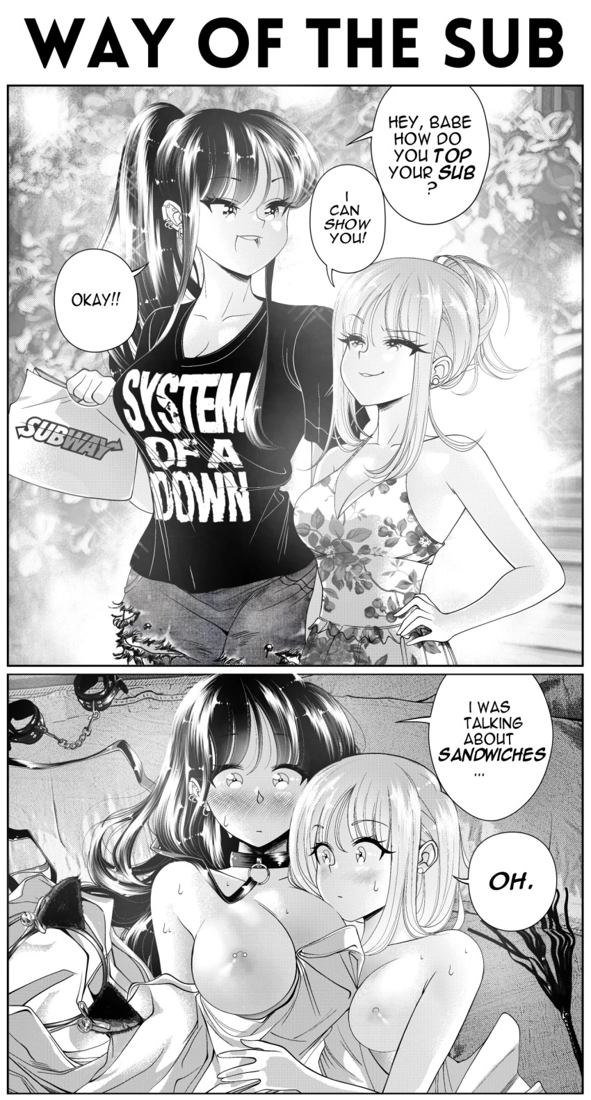 2girls 2koma absurdres aftersex animal_ears bag band_shirt bdsm bed blanket bondage bound breasts cat_ears chain cleavage collar comic commentary cuffs denim denim_shorts ear_piercing earrings english_commentary english_text fake_animal_ears femdom greyscale grs- handcuffs height_difference highres hug jewelry large_breasts leash medium_breasts merchandise misunderstanding monochrome multiple_girls nipple_piercing nipples original piercing plastic_bag ponytail pun right-to-left_comic shirt sharon_(grs-) shorts slave speech_bubble subway_(company) system_of_a_down t-shirt talia_(grs-) torn_clothes torn_shorts yuri