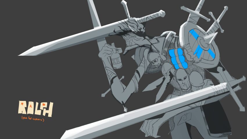 1boy armor artist_name bottle chainsaw_man commentary cowboy_shot crossover demoman_(tf2) engineer_(tf2) english_commentary explosive eyelander faulds grenade heavy_(tf2) highres holding holding_bottle holding_shield holding_sword holding_weapon limited_palette male_focus ralph_(studioralph11) severed_head shield simple_background skull soldier_(tf2) solo spy_(tf2) sword team_fortress_2 teeth weapon