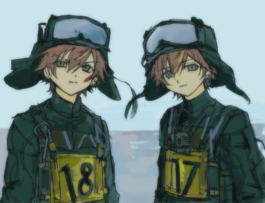 2boys absurdres blonde_hair brown_eyes brown_hair earrings goggles goggles_on_head highres jewelry long_sleeves looking_at_viewer male_focus mickey_17_(movie) military_uniform multicolored_hair multiple_boys noisy9p parody project_sekai scar scar_on_face shinonome_akito short_hair streaked_hair
