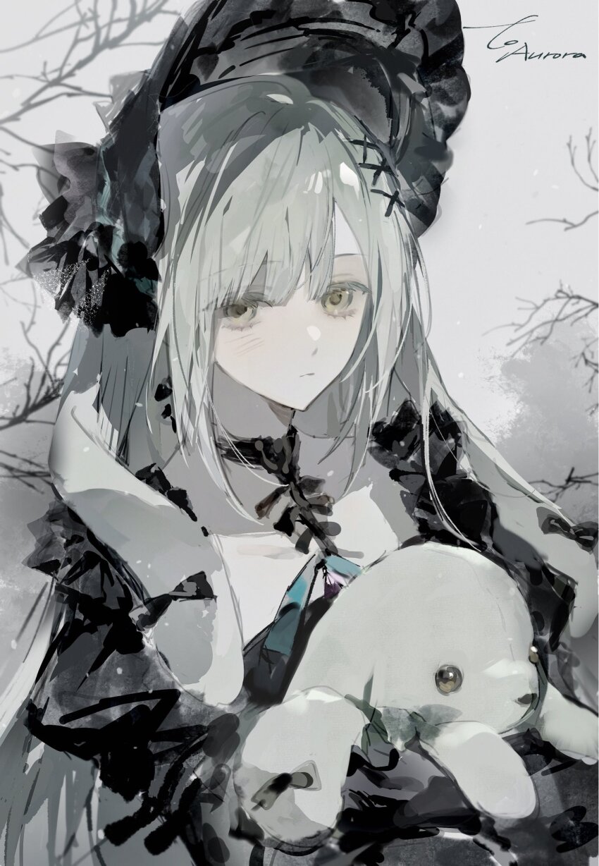 1girl animal_ears arknights bang_dream! bang_dream!_it&#039;s_mygo!!!!! bare_tree black_bonnet black_bow black_choker black_dress bonnet bow choker closed_mouth dress expressionless floppy_ears frilled_dress frills gothic_lolita green_hair hair_ornament highres holding holding_stuffed_toy juliet_sleeves lolita_fashion long_hair long_sleeves outdoors puffy_sleeves qing_yan_xia rabbit_ears rabbit_girl solo stuffed_animal stuffed_rabbit stuffed_toy tree upper_body wakaba_mutsumi wakaba_mutsumi_(marionette&#039;s_id) x_hair_ornament yellow_eyes