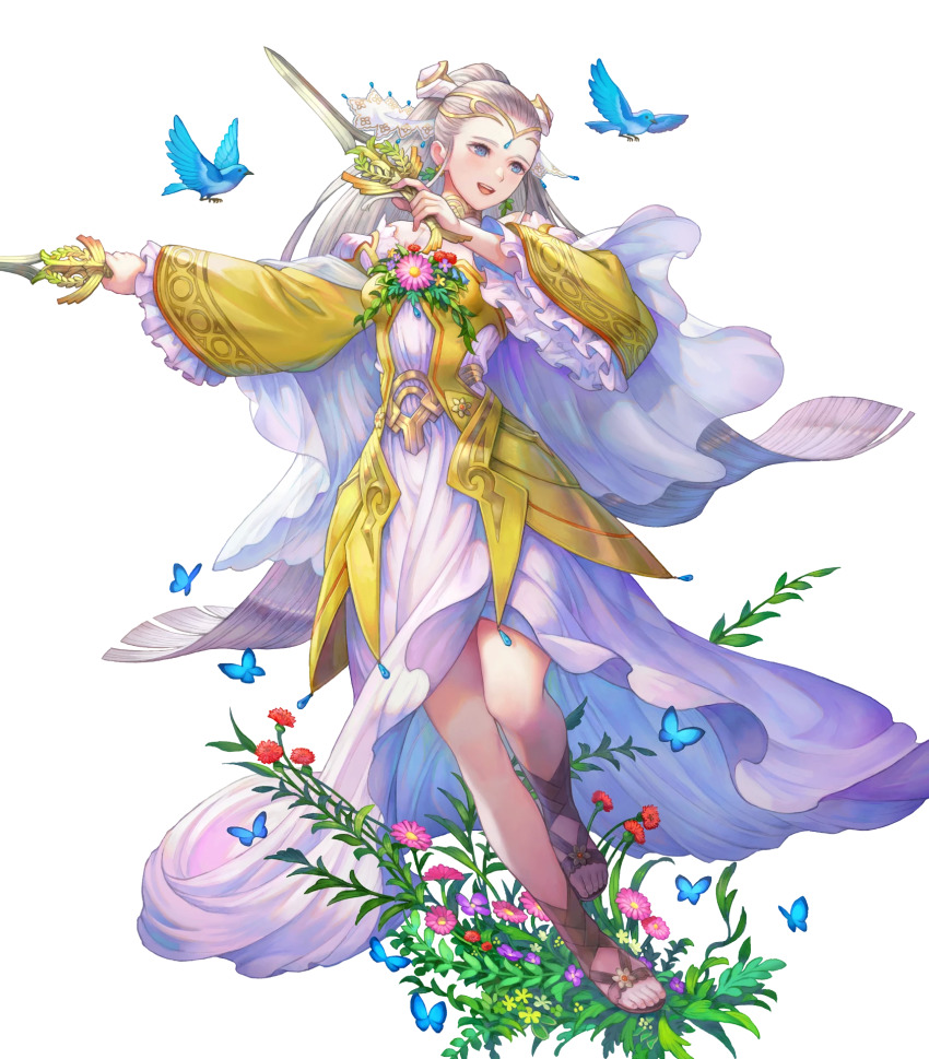 1girl animal bird blue_butterfly blue_eyes breasts bug butterfly comic covered_collarbone dagger detached_sleeves dress dual_wielding earrings eir_(fire_emblem) eir_(life_ascendant)_(fire_emblem) feet female_focus fire_emblem fire_emblem_heroes flower flower_earrings frills full_body gold_trim grey_hair haccan hair_ornament highres holding holding_dagger holding_knife holding_weapon insect jewelry knife long_dress long_hair medium_breasts nintendo non-web_source official_art open_mouth ponytail sandals see-through_clothes smile solo tiara toes transparent_background weapon wide_sleeves