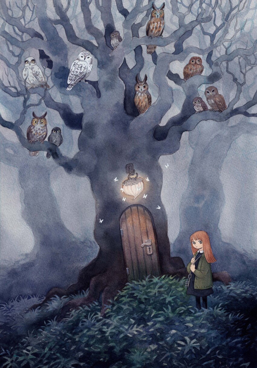 1girl absurdres acorn animal bird black_dress black_eyes black_leggings brown_feathers bug collar collared_dress door dress feathers fog forest green_sweater heikala highres holding holding_jewelry holding_necklace insect jewelry key lantern leggings moth nature necklace orange_hair original outdoors owl painting_(medium) snowy_owl standing sweater traditional_media tree watercolor_(medium) white_collar white_feathers wooden_door
