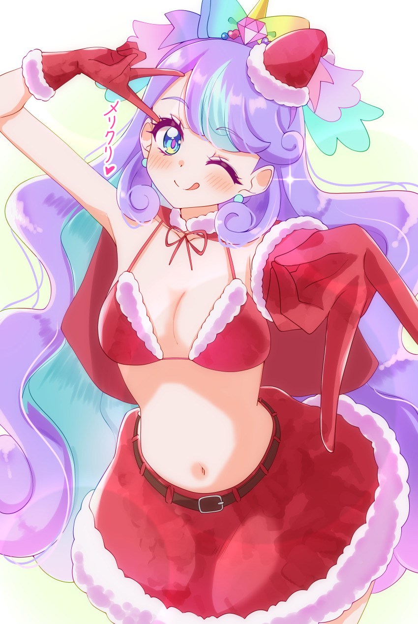 1girl absurdres belt bikini blue_eyes blush breasts brown_belt cleavage double_v earrings gloves hat highres jewelry long_hair medium_breasts midriff multicolored_hair navel nico-sama one_eye_closed precure purple_hair red_bikini red_gloves red_hat red_skirt santa_bikini santa_costume santa_gloves santa_hat skirt smile solo sugimura_mickey swimsuit tiara tongue tongue_out two-tone_hair v v_over_eye very_long_hair wonderful_precure!