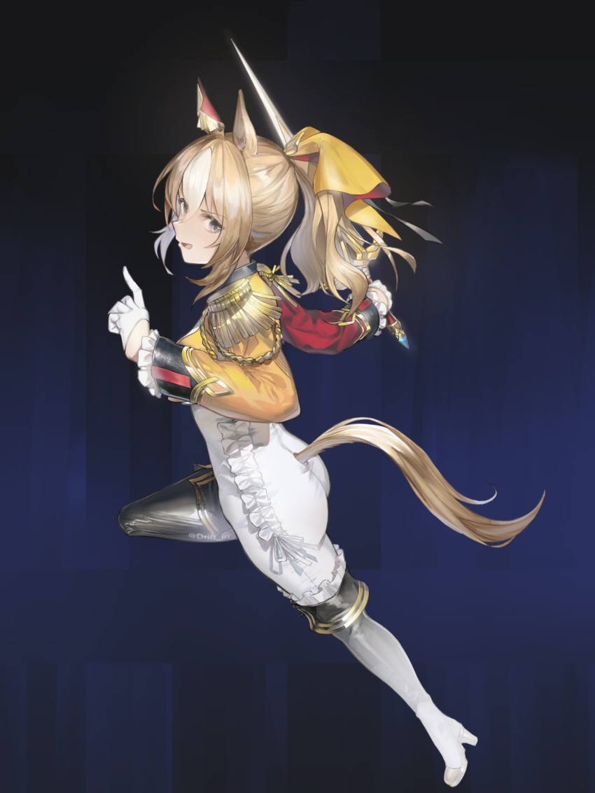 1girl absurdres animal_ears asama_(drift_in) asymmetrical_footwear asymmetrical_gloves blonde_hair blue_background bodysuit boots commentary_request cropped_jacket durandal_(umamusume) ear_covers epaulettes fourragere frilled_bodysuit from_side full_body gloves highres holding holding_sword holding_weapon horse_ears horse_girl horse_tail knee_up looking_to_the_side mismatched_footwear mismatched_gloves multicolored_hair parted_lips ponytail single_ear_cover solo streaked_hair sword tail twitter_username two-tone_hair umamusume weapon white_bodysuit white_gloves white_hair