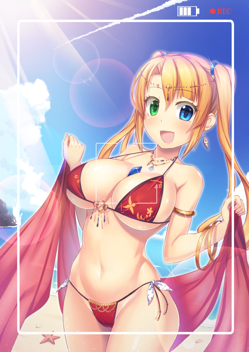 1girl absurdres beach beam bikini blonde_hair blue_eyes bracelet breasts cameltoe cowboy_shot day earrings female_focus green_eyes heterochromia highres jewelry large_breasts lens_flare long_hair looking_at_viewer luupechi necklace o-ring o-ring_top original outdoors recording red_bikini side-tie_bikini_bottom skindentation solo standing swimsuit twintails viewfinder yuki_(luupechi)