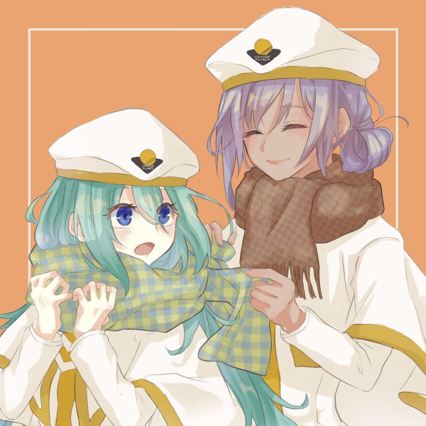 2girls absurdres alice_carroll aqua_hair aqua_scarf aria_(manga) athena_glory beret blue_eyes blush brown_scarf capelet closed_eyes dark-skinned_female dark_skin eyelashes gold_trim hands_up hat highres kiri_meee long_hair long_sleeves multiple_girls open_mouth orange_background orange_planet_uniform plaid_clothes plaid_scarf purple_hair scarf smile upper_body very_long_hair white_capelet white_hat