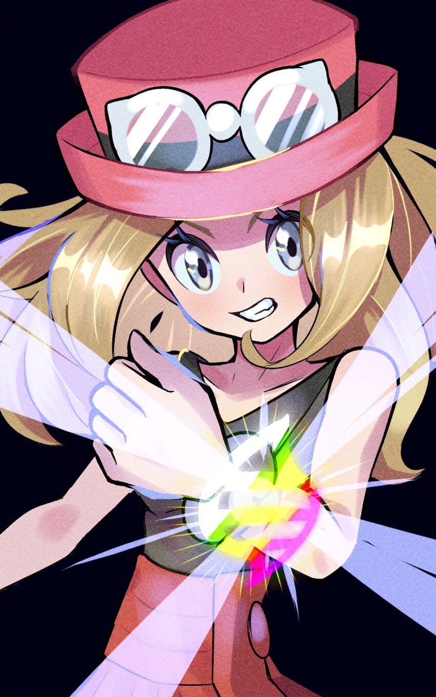 1girl bare_shoulders black_background black_shirt brown_hair clenched_teeth collarbone cowboy_shot eyewear_on_head grey_eyes hat heart heart-shaped_eyewear highres inana_umi medium_hair nintendo parted_lips pink_hat pokemon pokemon_xy serena_(pokemon) shirt simple_background solo teeth