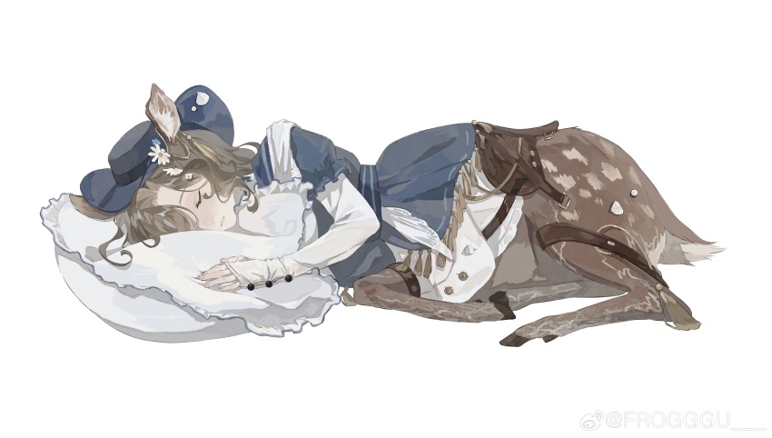 1girl absurdres animal_ears blue_hat blue_shirt brown_hair centauroid closed_eyes deer_ears deer_girl deer_tail fedora frogggu full_body hat highres jessica_(reverse:1999) jessica_(voyage_from_your_bed)_(reverse:1999) layered_sleeves long_sleeves lying on_side pillow reverse:1999 saddle shirt short_over_long_sleeves short_sleeves shorts simple_background sleeping solo tail taur watermark weibo_watermark white_background white_shorts white_sleeves