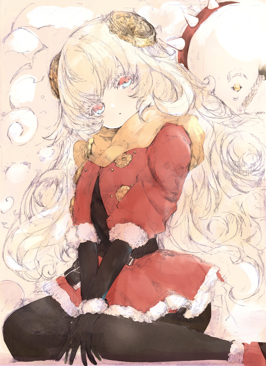 1girl black_pantyhose curly_hair dress expressionless highres long_hair looking_at_viewer multicolored_eyes muted_color pantyhose rance_(series) rance_x red_dress scarf solo thick_eyelashes tsutsugano warg_(rance) white_hair