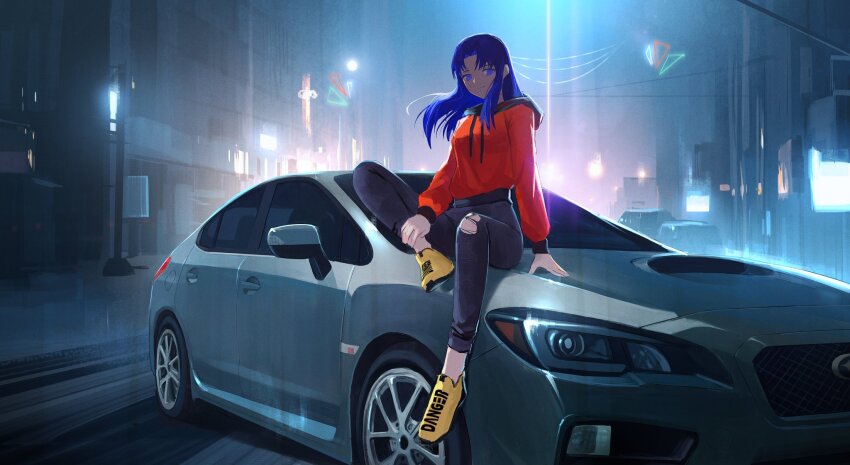1girl ankle_grab arm_at_side arm_support black_hood black_pants black_sleeve_cuffs blue_eyes blue_hair blurry blurry_background breasts car city city_lights curtained_hair drawstring eyebrows_hidden_by_hair floating_hair foot_dangle full_body gift_art half-closed_eyes head_tilt high-waist_pants highres hood hood_down hoodie knee_up long_eyelashes long_hair long_sidelocks long_sleeves looking_at_viewer medium_breasts motor_vehicle night non-circular_lens_flare on_car original pants parted_bangs puffy_long_sleeves puffy_sleeves red_hoodie road shirt_tucked_in shoes sidelocks sitting slip-on_shoes smile solo street subaru_wrx sweatpants tented_shirt thick_eyelashes tight_clothes tight_pants torn_clothes torn_pants vertigris yellow_shoes