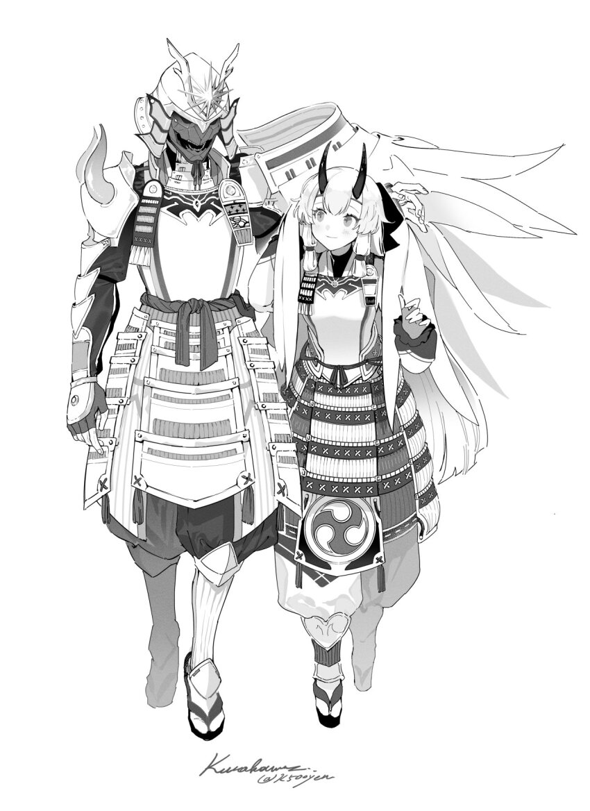 armor dou fate/samurai_remnant fate_(series) geta greyscale helmet highres horns japanese_armor japanese_clothes k500yen kabuto_(helmet) kote kusazuri mask mitsudomoe_(shape) monochrome oni_horns pauldrons ribbon rogue_saber_(fate/samurai_remnant) sandals shoulder_armor signature single_pauldron spoilers tassel tomoe_(symbol) tomoe_gozen_(fate) twitter_username zouri