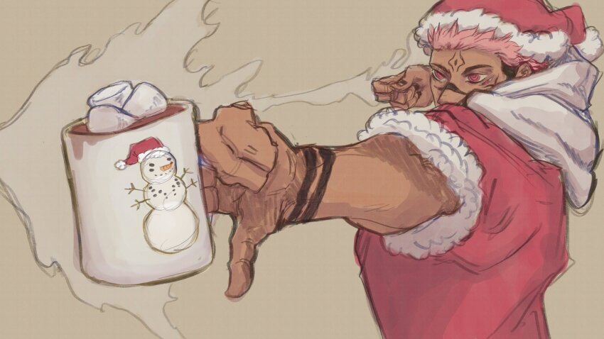 1boy brown_background character_snowman extra_eyes facial_tattoo food hat highres hot_chocolate hot_drink itadori_yuuji jujutsu_kaisen marshmallow pink_hair ringed_eyes ryoumen_sukuna_(jujutsu_kaisen) sailorpaintx santa_costume santa_hat scene_reference steam tan tattoo wrist_tattoo