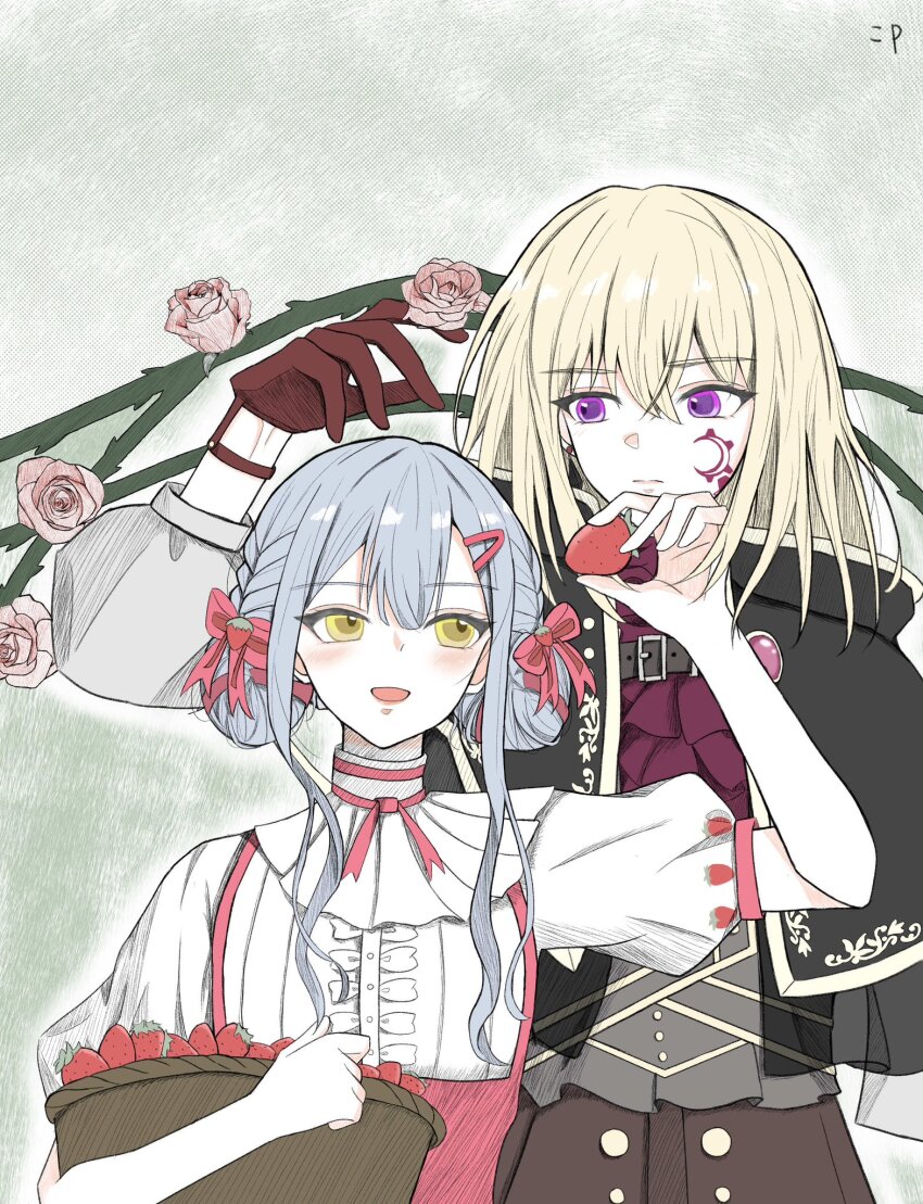 2girls aver_(yumenokessho) bang_dream! bang_dream!_it&#039;s_mygo!!!!! black_hair blonde_hair blue_hair blush bow braid breasts chinese_commentary commentary_request doloris_(bang_dream!) flower food fruit fruit_basket gloves hair_bow hair_ornament hair_ribbon hairclip highres long_hair medium_breasts misumi_uika momokan_1209 multiple_girls open_mouth pink_flower pink_rose purple_eyes red_eyes red_gloves red_ribbon ribbon rose shirt sidelocks strawberry togawa_sakiko twin_braids upper_body white_shirt yellow_eyes yumenokessho