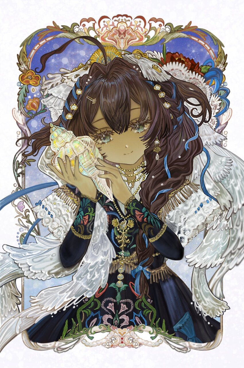 1girl ahoge black_dress blue_eyes border conch dark-skinned_female dark_skin dress fatutu floral_print floral_print_dress hands_up highres holding holding_shell lace-trimmed_cloak long_hair looking_at_viewer official_alternate_costume ornate_border outside_border print_dress reverse:1999 seiiichannnn shell shell_to_ear smile solo spanish_clothes upper_body very_long_hair white_background