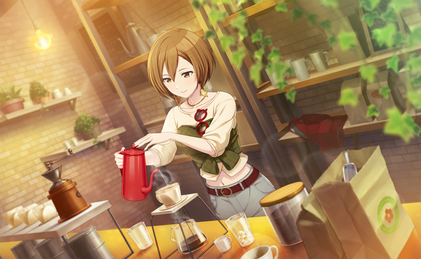1girl bag belt blue_pants blurry bokeh brown_belt brown_eyes brown_hair closed_mouth collarbone colorful_palette cup depth_of_field earrings game_cg glass highres holding ice ice_cube jacket jewelry light_bulb meiko_(vocaloid) navel necklace official_art pants paper_bag plant potted_plant pouring project_sekai red-framed_eyewear red_jacket shelf shirt smile solo sunglasses third-party_source triangle_earrings unworn_jacket vivid_bad_squad_meiko vocaloid white_shirt