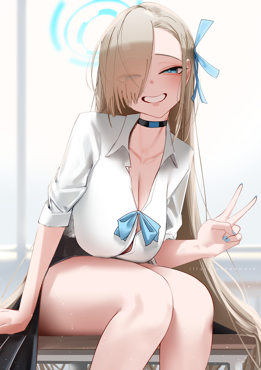 1girl absurdres asuna_(blue_archive) blonde_hair blue_archive blue_eyes blue_nails blue_ribbon blush breasts choker cleavage cyrilashnmsh desk grin hair_over_one_eye hair_ribbon halo highres large_breasts long_hair looking_at_viewer pleated_skirt ribbon school_desk school_uniform sitting skirt smile solo v