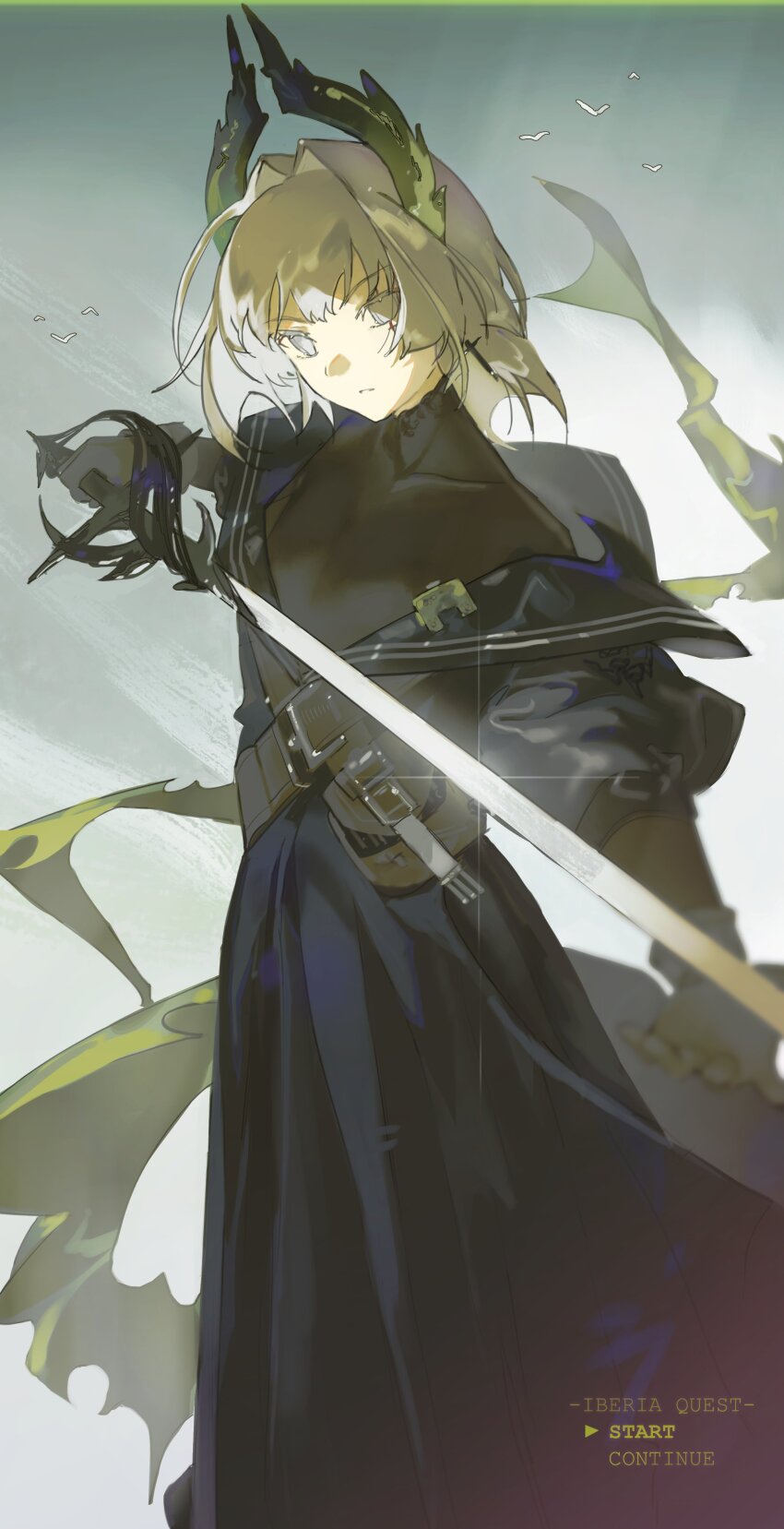 1girl absurdres arknights black_shirt commentary cross cross_earrings cross_scar dress earrings english_text feet_out_of_frame glint gloves green_ribbon grey_eyes grey_hair hair_intakes head_wings highres holding holding_sword holding_weapon irene_(arknights) irene_(the_adjudicatrix_and_her_resolve)_(arknights) jewelry layered_sleeves long_sleeves medium_hair pleated_dress pouch ribbon scar scar_on_face shirt short_over_long_sleeves short_sleeves simple_bird solo sword turtleneck turtleneck_shirt weapon wings yuishironeko