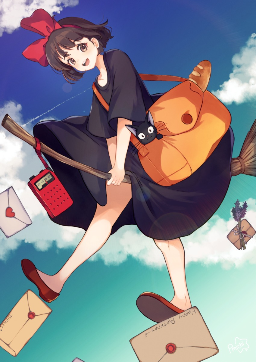 1girl asagawa_mikan_(peachy_michi) bag baguette black_cat blue_sky bow bread broom broom_riding brown_eyes brown_hair cat cloud day female_focus food hair_bow highres jiji_(majo_no_takkyuubin) kiki_(majo_no_takkyuubin) letter looking_at_viewer majo_no_takkyuubin open_mouth outdoors short_hair sky solo