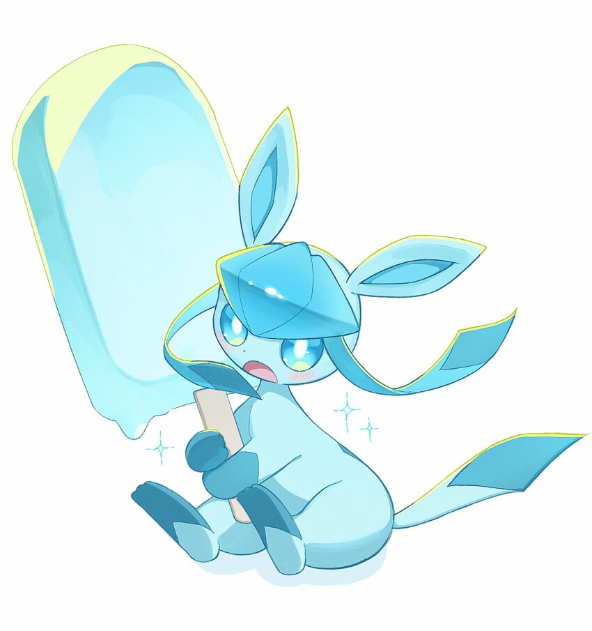 animal_focus blue_eyes blush commentary_request food gen_4_pokemon glaceon highres mashiro1559 nintendo no_humans open_mouth pokemon pokemon_(creature) popsicle shadow sitting solo white_background