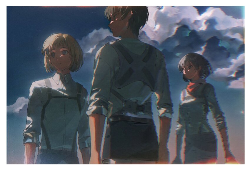 1girl 2boys armin_arlert black_hair blonde_hair blue_eyes bob_cut border breasts brown_hair cloud cloudy_sky collared_shirt eren_yeager green_eyes grey_eyes hair_between_eyes highres kiyoshi_st long_sleeves looking_to_the_side medium_breasts mikasa_ackerman multiple_boys red_scarf scarf shingeki_no_kyojin shirt short_hair sky sleeves_rolled_up three-dimensional_maneuver_gear upper_body white_border white_shirt
