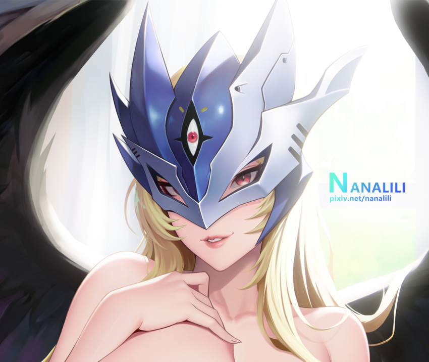 1girl bare_shoulders beelstarmon beelstarmon_x-antibody black_wings blonde_hair breasts digimon digimon_(creature) feathered_wings large_breasts long_hair nanalili red_eyes smile solo third_eye topless_female upper_body wings