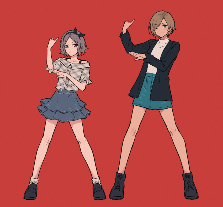 2girls black_hairband black_jacket black_ribbon black_shoes blue_skirt brown_eyes brown_hair bullfalk ebizuka_tomo full_body girls_band_cry grey_hair grey_shirt hair_ribbon hairband highres jacket mole mole_under_eye multiple_girls one_eye_closed plaid_clothes plaid_shirt red_background red_eyes ribbon rupa_(girls_band_cry) shirt shoes short_hair simple_background skirt socks white_socks