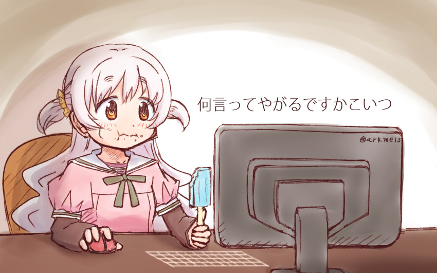 1girl blush brown_eyes chair computer_keyboard desk dress eating food food_on_face gradient_background holding holding_computer_mouse holding_food holding_popsicle holographic_keyboard long_hair mahou_shoujo_madoka_magica momoe_nagisa monitor multicolored_eyes pink_dress popsicle ringed_eyes sailor_dress scrunchie sitting solo upper_body white_hair wireless_mouse yanmaami yellow_eyes