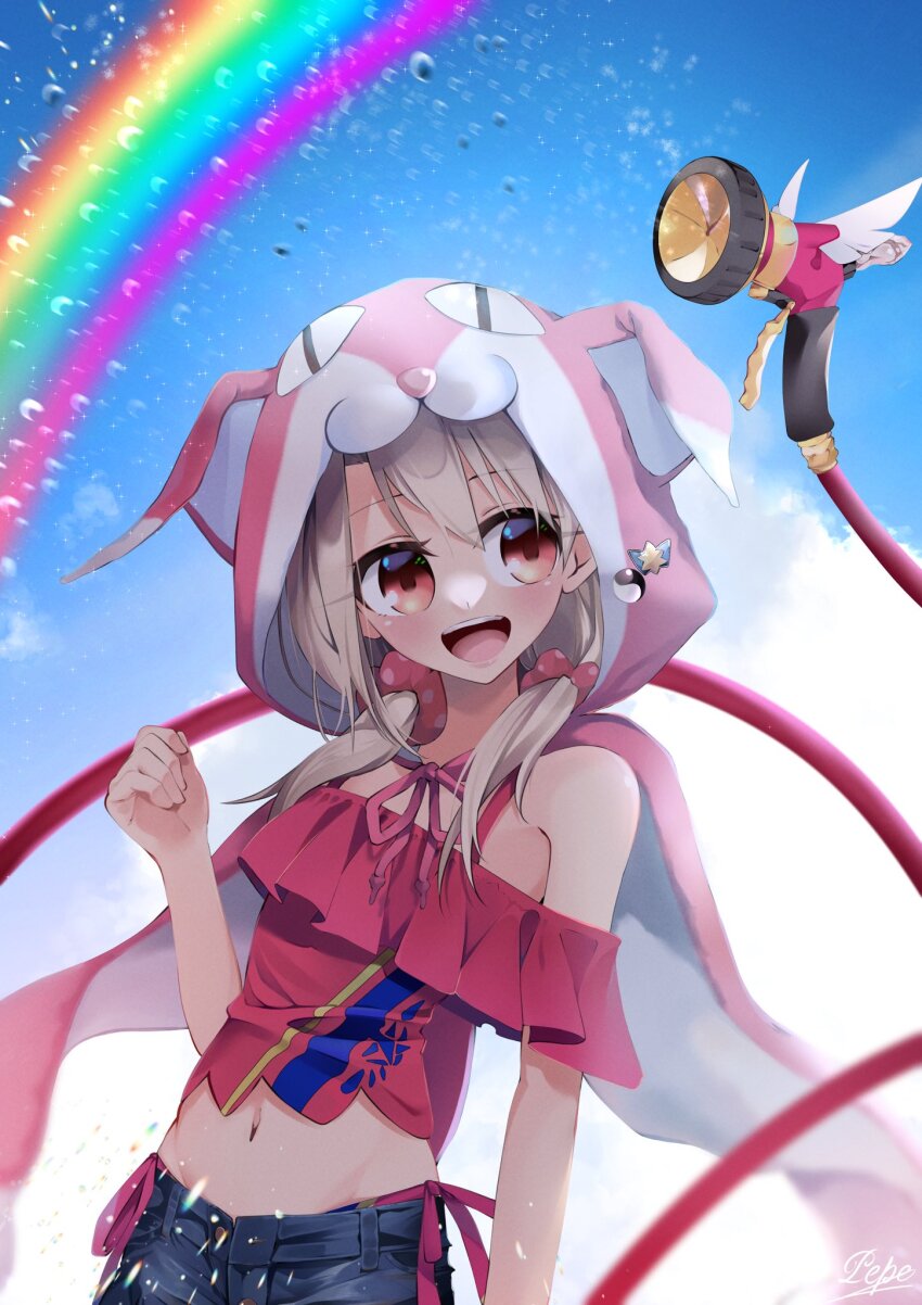 1girl animal_hood bare_shoulders blue_shorts blue_sky blush breasts cat_hood fate/grand_order fate_(series) highres hood hose hose_nozzle illyasviel_von_einzbern illyasviel_von_einzbern_(swimsuit_archer) illyasviel_von_einzbern_(swimsuit_archer)_(first_ascension) long_hair looking_to_the_side low_twintails magical_ruby magical_ruby_(hose) off_shoulder pei_iriya pink_shirt rainbow red_eyes shirt short_shorts shorts sky small_breasts twintails water_drop white_hair