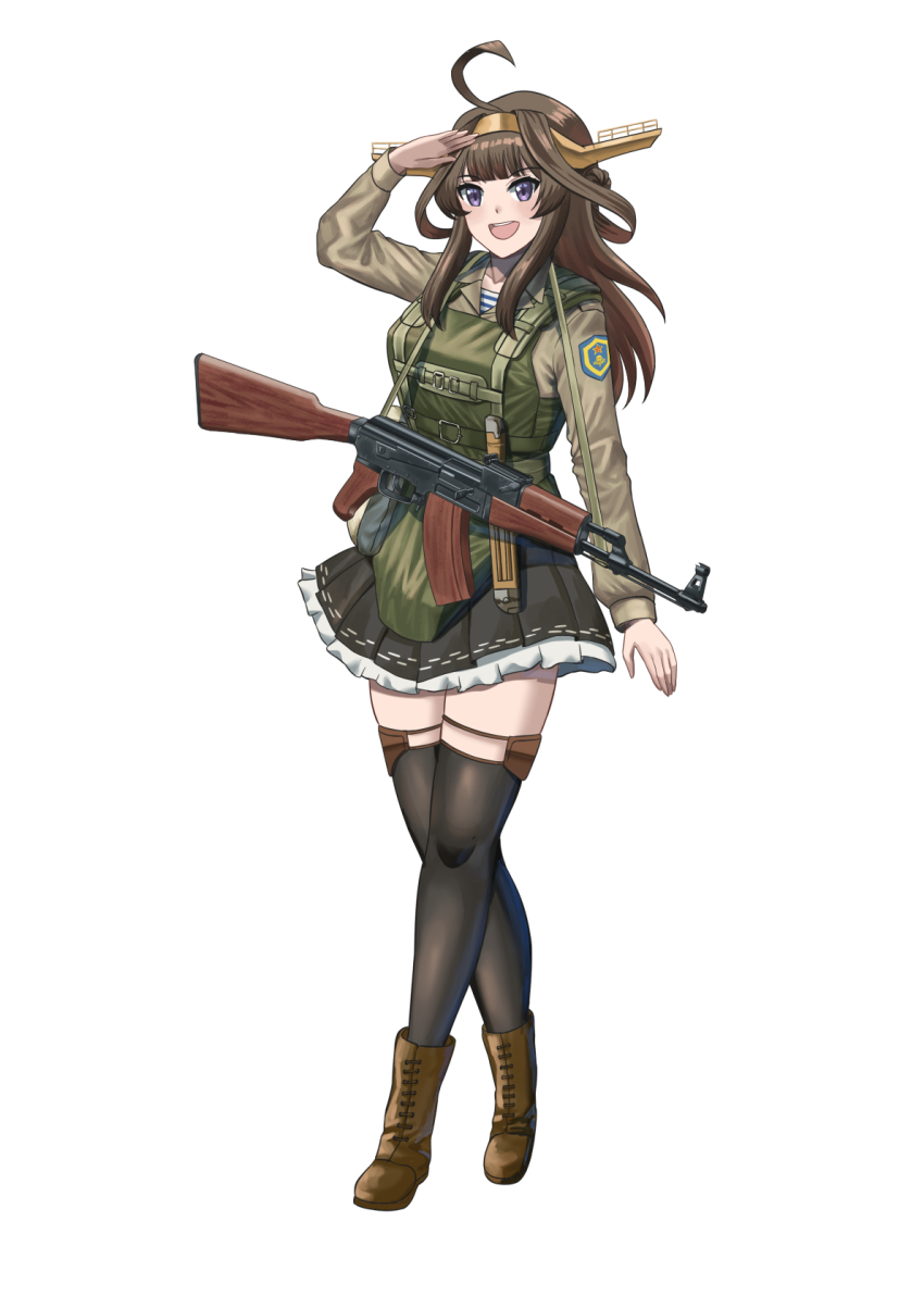 1girl ak-47 assault_rifle black_skirt black_thighhighs blue_eyes brown_hair brown_shirt chest_rig commission gun highres kalashnikov_rifle kantai_collection kongou_(kancolle) moe_internationale rifle salute shirt skirt smile solo striped_clothes striped_shirt telnyashka thighhighs weapon white_background zettai_ryouiki