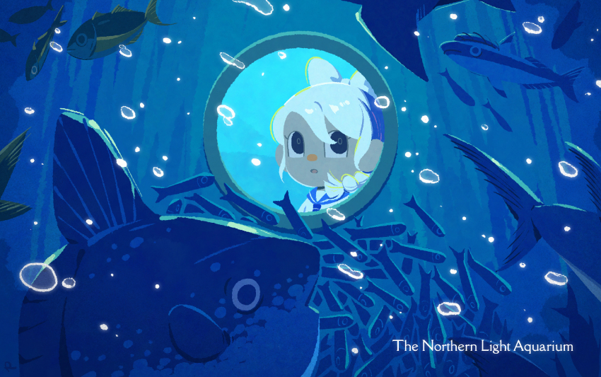 1girl animal_crossing bow braid bubble dark-skinned_female dark_skin fish grey_hair hair_bow highres nintendo ocean_sunfish open_mouth ponytail remora roy_(pixiv992911) solo tuna villager_(animal_crossing)