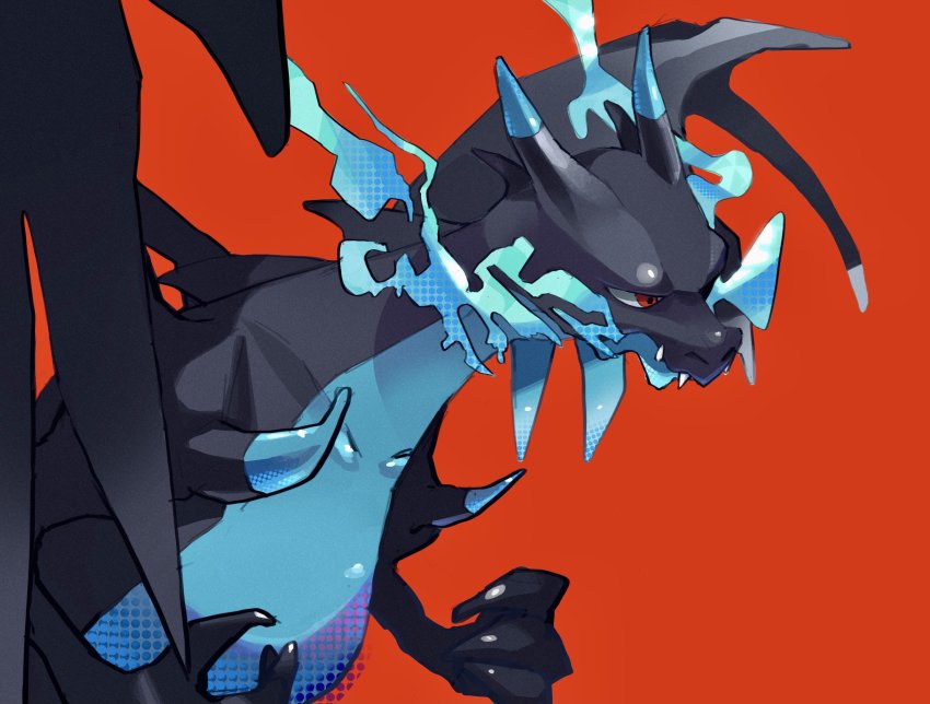 blue_fire breath_weapon breathing_fire charizard claws collarbone commentary_request fangs fangs_out fire gen_1_pokemon gogot highres horns looking_down mega_charizard_x mega_pokemon nintendo no_humans pokemon pokemon_(creature) red_background red_eyes simple_background solo