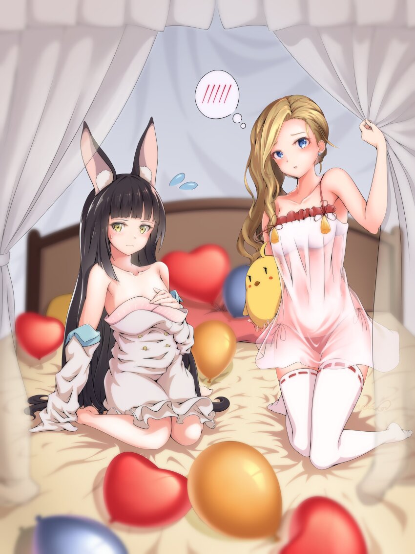2girls absurdres animal_ears azur_lane babydoll balloon bed cosplay costume_switch dress elbow_gloves flying_sweatdrops fox_ears full_body gameplay_mechanics gloves highres hood_(azur_lane) hood_(azur_lane)_(cosplay) hood_(dawnlight&#039;s_dame)_(azur_lane) kneeling looking_at_viewer madakov_kodima manjuu_(azur_lane) multiple_girls nagato_(azur_lane) nagato_(azur_lane)_(cosplay) nagato_(great_fox&#039;s_respite)_(azur_lane) nightgown official_alternate_costume panties pillow ribbon-trimmed_thighhighs ribbon_trim side-tie_panties speech_bubble thighhighs thought_bubble underwear