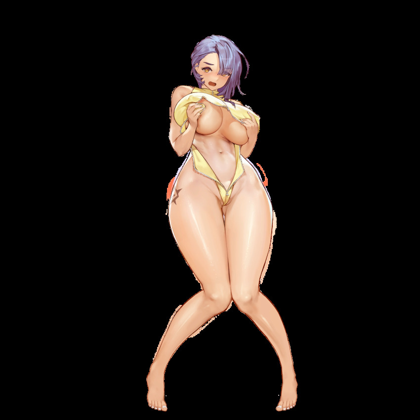 1girl areola_slip asymmetrical_bangs barefoot blush breasts covered_erect_nipples covering_breasts covering_privates dark-skinned_female dark_skin embarrassed eyes_visible_through_hair full_body game_cg grabbing_own_breast highres huge_breasts last_origin navel official_art one-piece_swimsuit open_mouth partially_visible_vulva purple_hair quick_camel rorobomb short_hair solo swimsuit tachi-e tattoo thick_thighs thigh_gap thighs transparent_background wide_hips yellow_eyes zipper