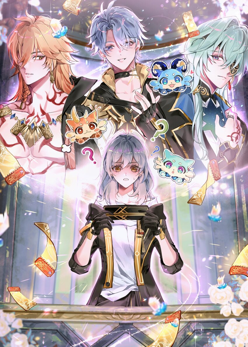 1girl 2_0_9 3boys ? ?? anaxa_(honkai:_star_rail) belt_collar black_coat black_gloves black_jacket blonde_hair blue_eyes blue_hair body_markings chest_tattoo choker coat collar collared_coat collared_jacket collared_shirt commentary_request crystal_earrings earrings eyepatch fingerless_gloves gloves gold_earrings gold_necklace gradient_hair green_eyes green_hair grey_hair hair_over_one_eye hand_tattoo hand_up hands_up highres holding holding_phone honkai:_star_rail honkai_(series) jacket jewelry korean_commentary long_hair long_sleeves low_ponytail multicolored_eyes multicolored_hair multiple_boys mydei_(honkai:_star_rail) necklace open_clothes open_coat orange_eyes phainon_(honkai:_star_rail) phone ponytail purple_eyes red_hair red_tattoo ring shirt short_hair star_rail_special_pass_(honkai:_star_rail) stellar_jade stelle_(honkai:_star_rail) sweatdrop tattoo ticket toned toned_male trailblazer_(honkai:_star_rail) white_shirt yellow_eyes