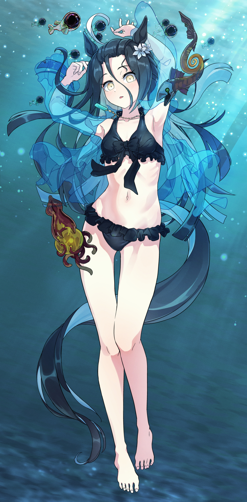 1girl absurdres ahoge animal_ears arms_up bikini black_bikini black_hair breasts ear_flower feet fish full_body hair_between_eyes highres horse_ears horse_girl jacket jewelry kimihitsuji long_hair manhattan_cafe_(the_bubbles_that_i_see_with_you)_(umamusume) manhattan_cafe_(umamusume) multicolored_hair necklace official_alternate_costume official_alternate_hairstyle parted_lips see-through_clothes see-through_jacket small_breasts solo squid submerged swimsuit two-tone_hair umamusume underwater white_hair yellow_eyes