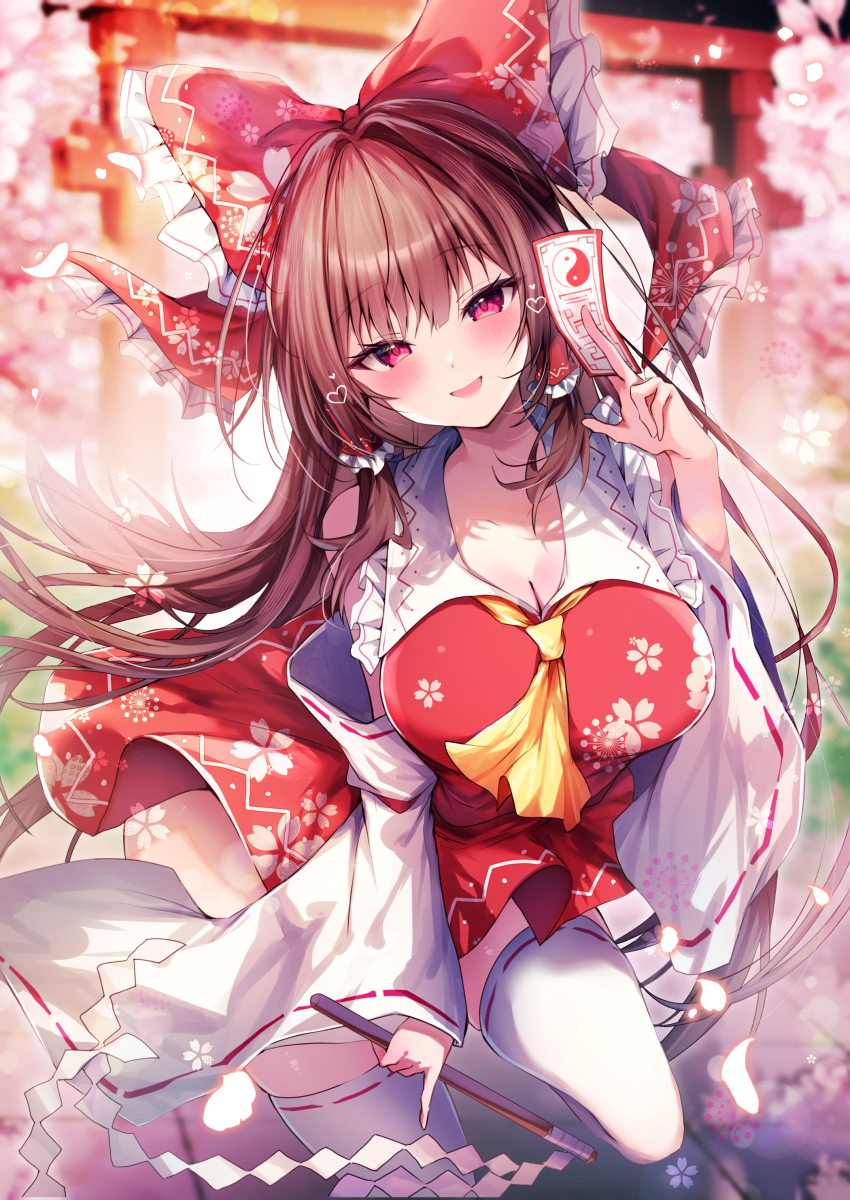 1girl absurdres ascot blush bow breasts brown_hair cleavage commentary_request detached_sleeves frilled_bow frilled_hair_tubes frills gohei hair_bow hair_tubes hakurei_reimu hand_up heart heart_in_eye highres holding_ofuda large_bow large_breasts leg_up long_hair long_sleeves looking_at_viewer miniskirt nenobi_(nenorium) open_mouth red_eyes red_shirt red_skirt ribbon-trimmed_sleeves ribbon-trimmed_thighhighs ribbon_trim shirt skirt skirt_set sleeveless sleeveless_shirt smile solo standing standing_on_one_leg symbol_in_eye thighhighs touhou white_thighhighs wide_sleeves yellow_ascot